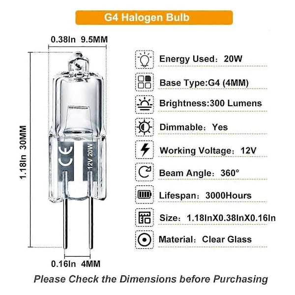 G4-lamppu, 20 kpl Halogen G4 12V 20W G4 Bi-Pin -kannalla, Korkea Kirkkaus G4-lamppu 12V 300LM Kaappivalaistukseen - WELLNGS