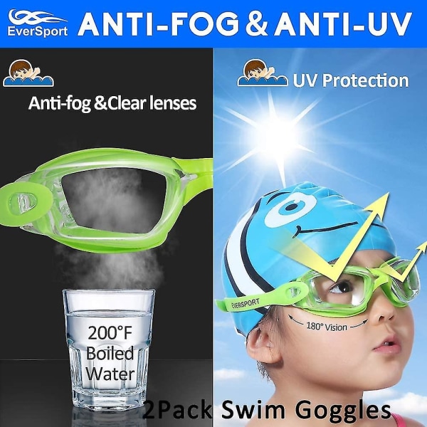 Simglasögon för barn, paket med 2 simglasögon för barn tonåringar, anti-im Anti-uv simglasögon för ungdomar läckagesäkra för ålder 4-16 Blackgreen