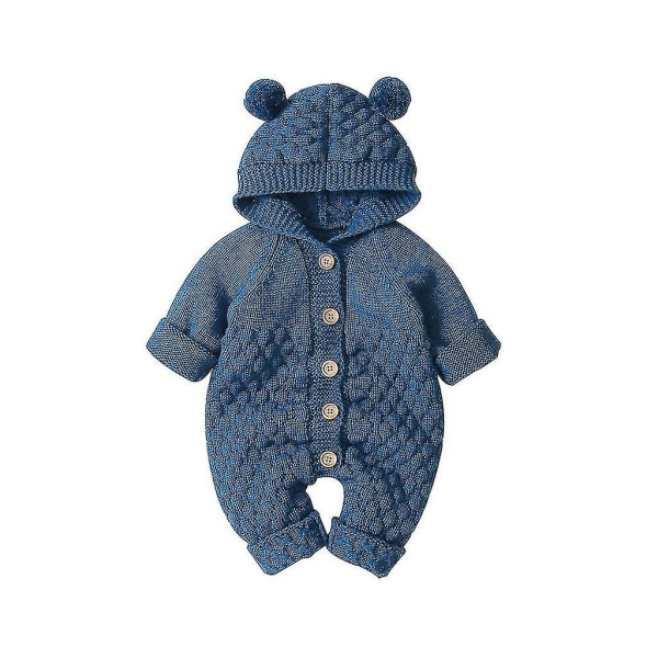 Nyfödd baby flicka pojke vinter varm kappa stickad ytterkläder huv jumpsuit Dark Blue 73