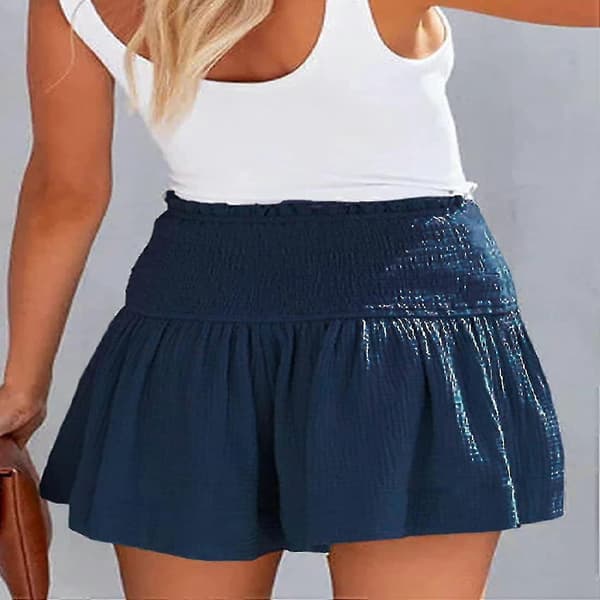 Kvinders Shorts Bomuld Høj Elastisk Talje Plisseret Flæse Søde Shorts Strand Flydende Afslappede Shorts S-XL Blå Dark blue L