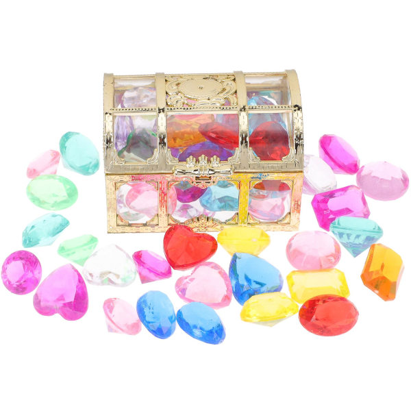 1 set akryl ädelstenar leksaker Fake Crystal färgglada skatt pärlor med skattlåda 9x6.5cm