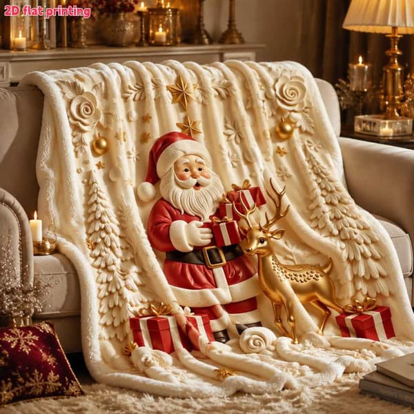 Jule-julemandstæppe, 3D-printet flonel-plaid med rensdyr og snefnug, blødt og hyggeligt julepynt til sofa og seng 150*200cm
