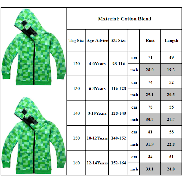 Minecraft Hupparit Lapsille Pojat Tytöt Pitkähihainen Huppari - Varasto VihreäLYB Grön 8-10 år = EU 128-140