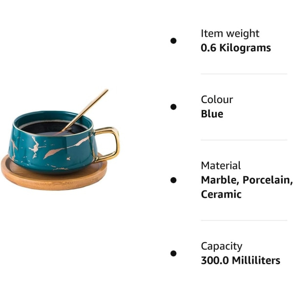 Porcelæns Tekop Kaffekrus Sæt til Eftermiddagste - Marmormønster (Lav 301ml + Træunderkop)