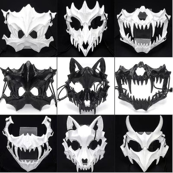 Japansk Maske for Voksne - Harpiks Halvmaske Hvit Skalle Skummel Horrormasker - Cosplay Kostymefest Halloween Dekorativ Rollespill