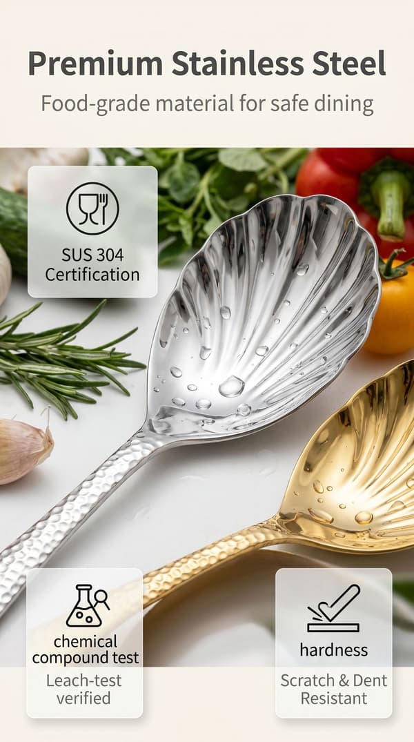 Stilfuld 304 rustfrit stål hamret-finish muslingeformet ske – ideel til servering eller omrøring (2 stk.)