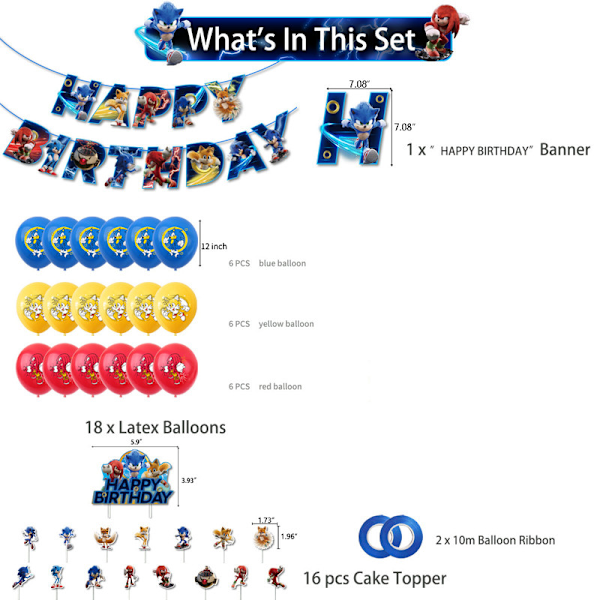 Sonic Syntymäpäiväteema Juhlakoriste Sarjakuva Vedä Lippu Lisäys Ilmapallosetti D