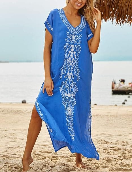 Bikinitopp med broderte korte ermer og sidesplitt for kvinner, strandkaftan-kjole