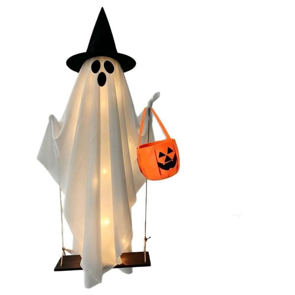 1,5 m hængende græskar-gyngespøgelse med troldmandshat til Halloween-udendørsdekoration (Warm Light)