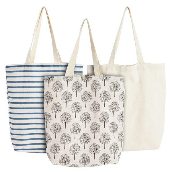 Bomullskassar (Set om 3) - Slitstarka Tote Bags med handtag - 3 olika mönster - Tygkassar för shopping, transport