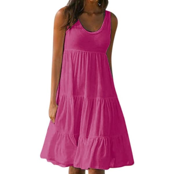 Sommerkjole kvinner løs passform rysjer mini strand uformell ferie Rose red L