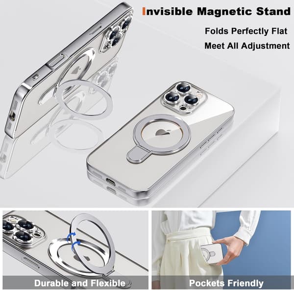 Kompatibel med iPhone 16 Pro Deksel med Magnetisk Ringstativ [Kompatibel med Mag-Safe] [Full Kamerabeskyttelse] Belagt Klar Pho{ee} Silver