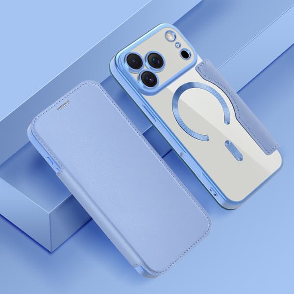 Pung etui til iPhone PU læder med RFID-blokering, magnetisk bagside Sierra Blue iPhone15Promax