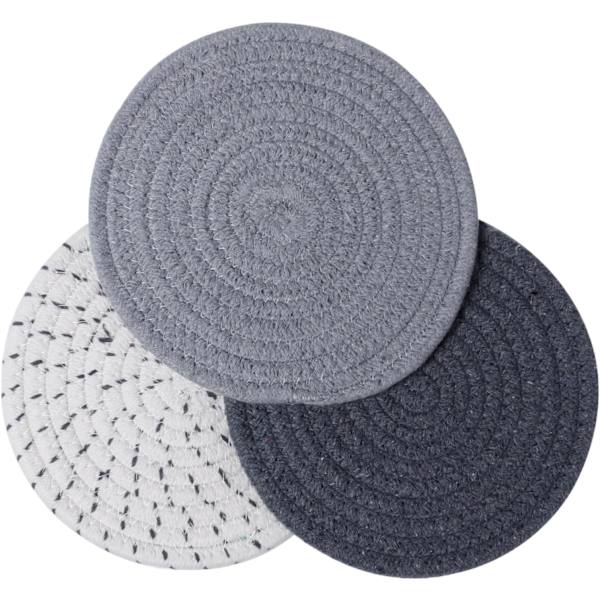 Grått 3-delat set: 100% bomullssnodd flätad underläggsset, 18 cm diameter