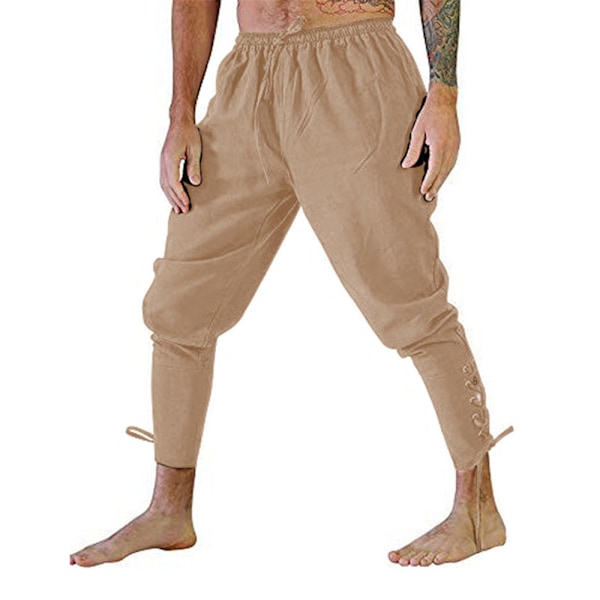 Herrebukser med bånd og snøre i ensfarvet design khaki khaki M