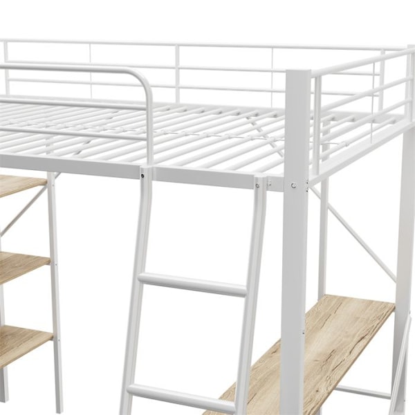 Sängloft - Vit - 90x200 cm - Inbyggt skrivbord - 3 hyllor - Hållbar metall Vit