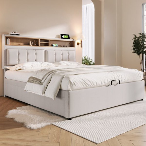 Säng 160 x 200 cm med USB Typ C-laddning, vuxensäng med förvaring, sängram med ribbotten, Beige Beige