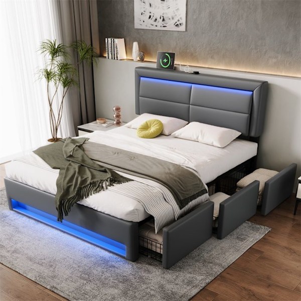 Lit coffre 140x190 cm - Similicuir - Grå - LED - 3 lådor - Justerbar sänggavel Grå