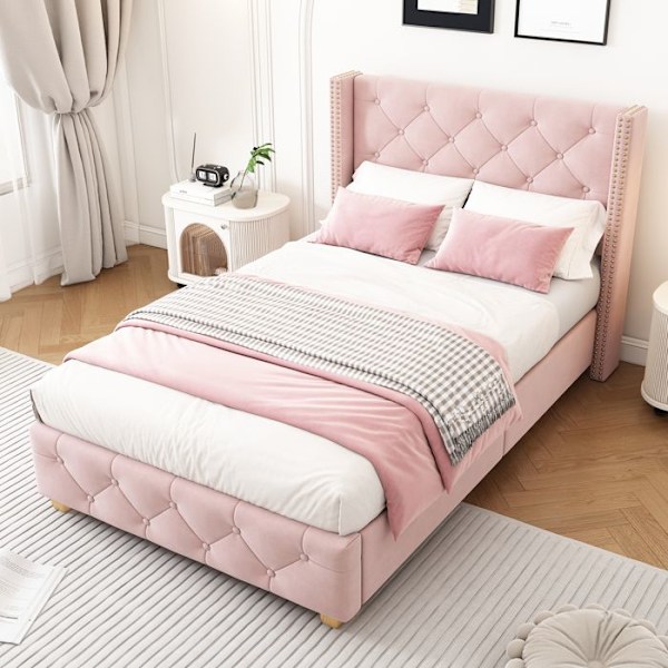 Säng enkel 90x200 cm - Chesterfield - Rosa - Sammetstyg - Sängbotten med ribbor - 1 plats Rosa