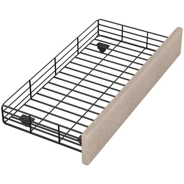 Säng med stoppad yta 90 x 200 cm med 2 lådor och justerbar huvudgavel, ribbotten, nitar, linne, mörk beige Mörk beige