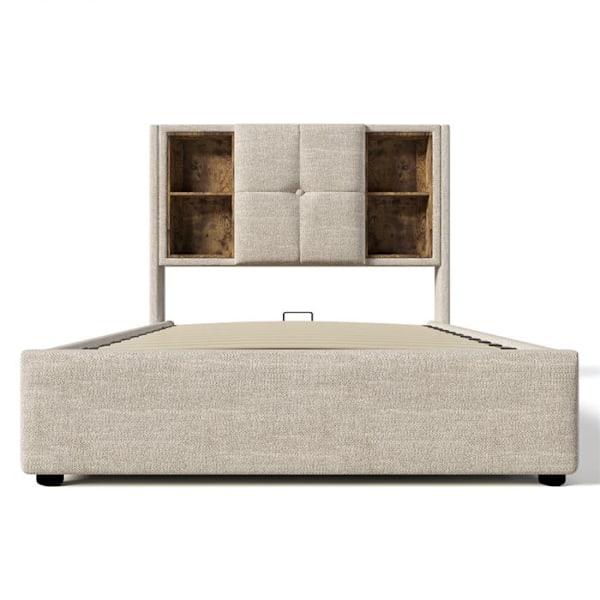 Lit med stoppad bädd 90x200 cm - med USB-portar och trådlös laddning och förvaringshuvud - linne tyg - beige Beige