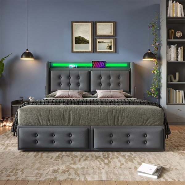 Säng vuxen 160x200 cm - Grå - LED - 4 lådor - USB- och typ C-portar - Modern design Grå