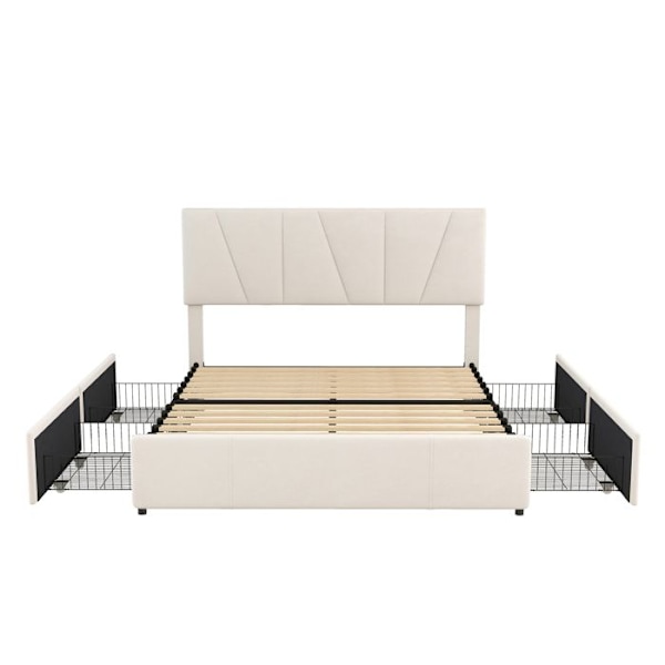 Säng för vuxna med 4 lådor - 160x200cm - Justerbar huvudgavel - Lameller - Massivt trä - Beige Beige