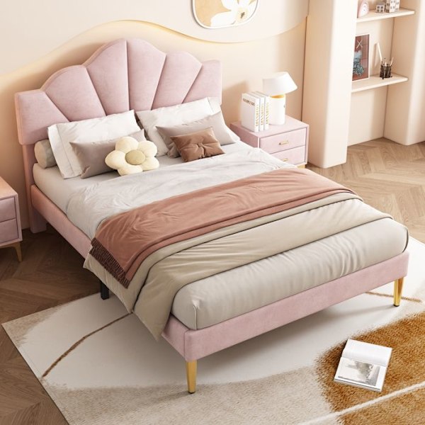 Uppblåsbart säng 140×190 cm dubbelsäng med ribb-sängbotten - Justerbar sänggavel - Sammetstyg - Rosa Rosa