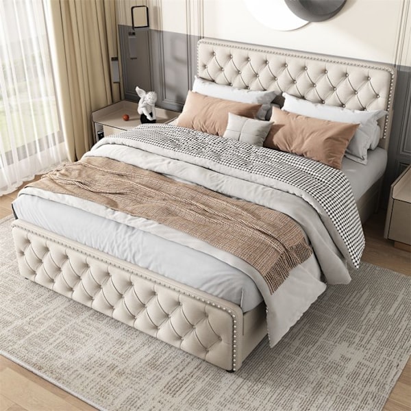 Säng med stoppning 160x200cm, Dubbel säng med 4 lådor, Justerbar sänggavel, Trälistbotten, Dekoration med nitar, Linne, Beige Beige