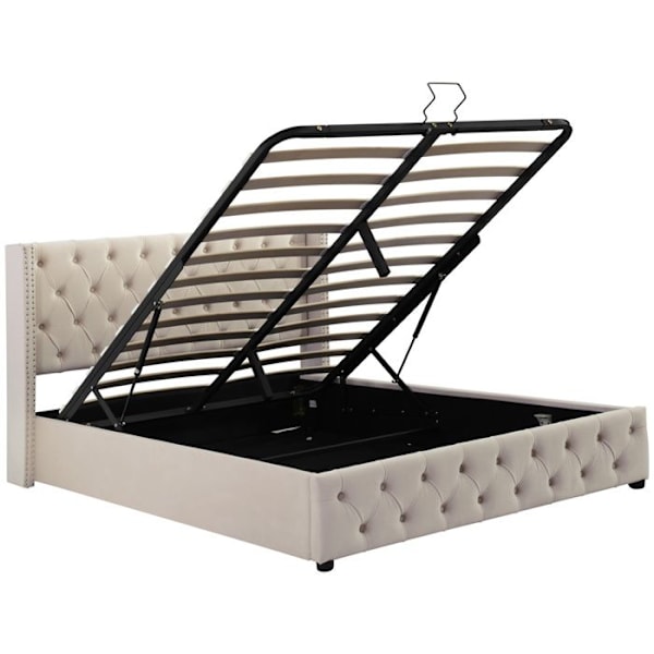 Lit coffre för vuxna 140x200 cm - Dubbel säng med ribbotten - Hydraulisk spak - Nitar design - Sammet - Beige Beige