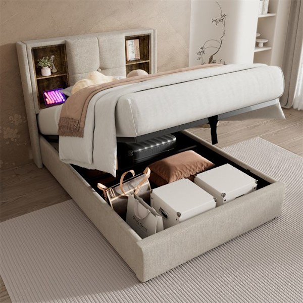 Lit med stoppad bädd 90x200 cm - med USB-portar och trådlös laddning och förvaringshuvud - linne tyg - beige Beige
