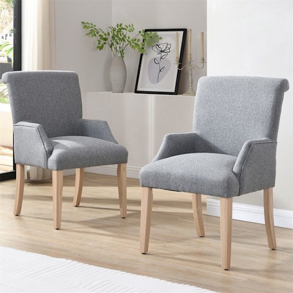 Set med 4 Matstolar, Kökstol i Linne, Klädd Sits, Ben i Massivt Trä, Grå Grå