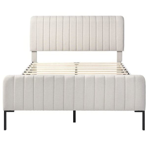 Säng vuxen 160 x 200cm med ribbbotten och justerbar huvudgavel, Dubbel säng - Material lin - Grå-Beige Grå-beige