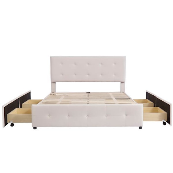 Dubbel säng 140x200 cm med 4 lådor och ribbotten, Säng 140x200 cm med justerbar huvudgavel, sammetstyg, Beige Beige