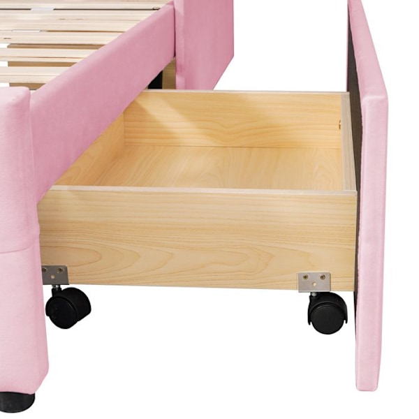 Madrassäng 90x200cm Säng med ribbotten och två lådor, mjukt sammetstyg för huden, Barnsäng, Enkelsäng, Rosa Rosa
