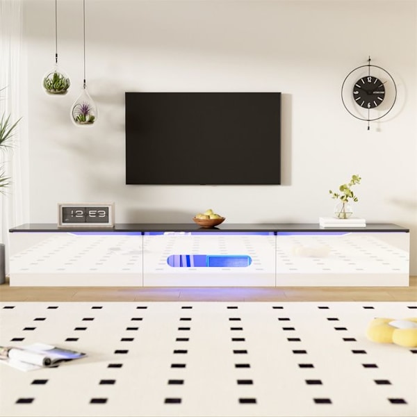 Snygg TV-möbel med LED-ljus, 3 luckor för förvaring, väggmonterad eller stående, 180x35x30 cm, vit och svart Vit och svart