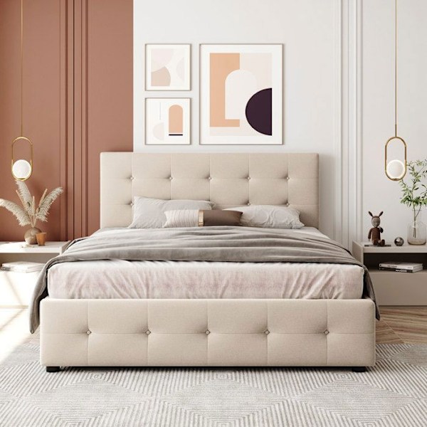 Dubbel säng 140x200 cm med 4 lådor och ribbotten, Säng 140x200 cm med justerbar huvudgavel, sammetstyg, Beige Beige