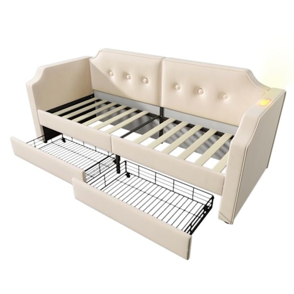 Bäddsoffa - KAJGA - 90x200cm - 2 lådor - USB & Typ C - Beige Sammet Beige