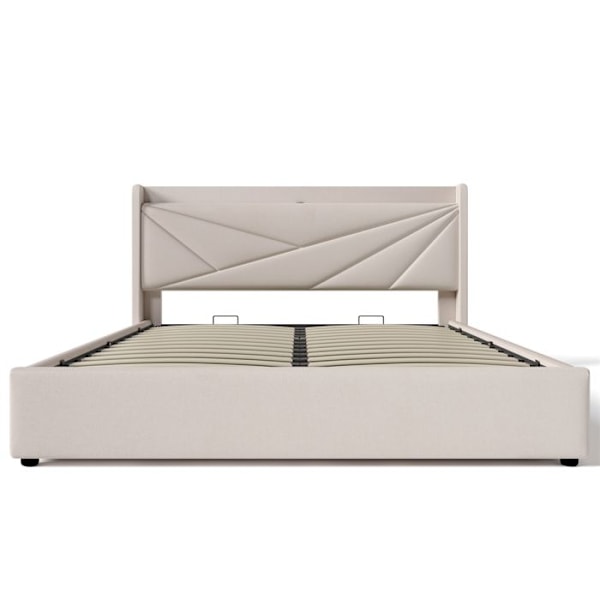 Säng 180x200 cm med USB och Typ C, säng 180x200 cm med ribbotten, vuxensäng i linne, beige Beige