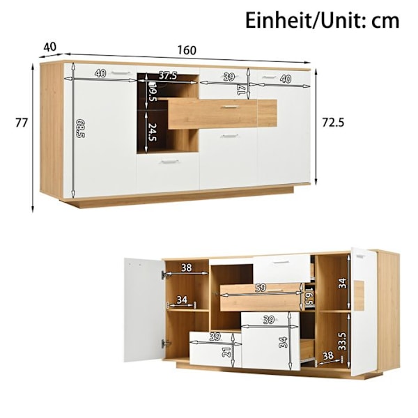 Buffé Bas - Modern - 160x40x77cm - 2 Dörrar - 4 Lådor - LED-Belysning Vit
