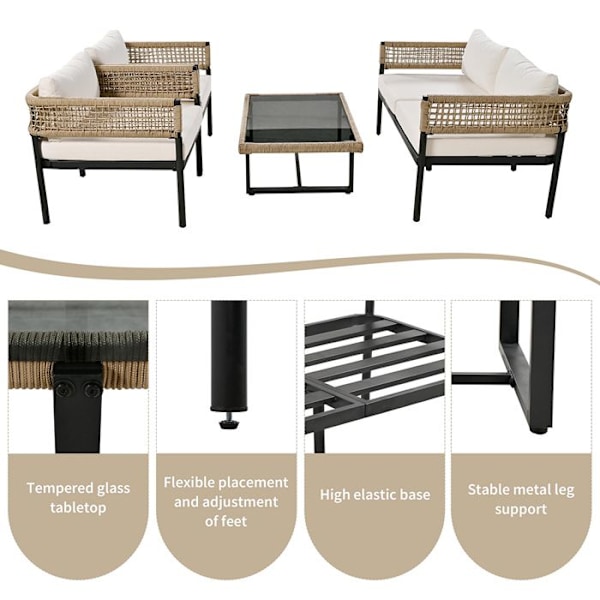 Trädgårdsmöbler - Ej specificerat - 4 delar - Galvaniserat stål - Snöre - Härdat glas - Beige Beige