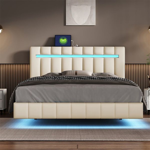 Plattängd med stoppning för vuxna 140 x 200 cm med LED-ljusslinga - Justerbar sänggavel - Linneväv - Beige Beige