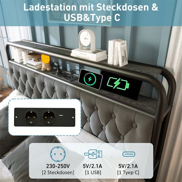 Säng vuxen 140x200cm med USB Typ C laddningsfunktion APP-kontroll LED Säng med stoppning - 4 lådor - sammet - grå Grå