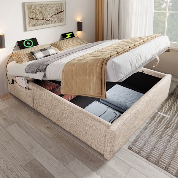 Lit coffre - Beige - 140x200 cm - USB C-port - Sänggavel med latten - 2 platser Beige