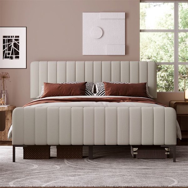 Säng vuxen 160 x 200cm med ribbbotten och justerbar huvudgavel, Dubbel säng - Material lin - Grå-Beige Grå-beige