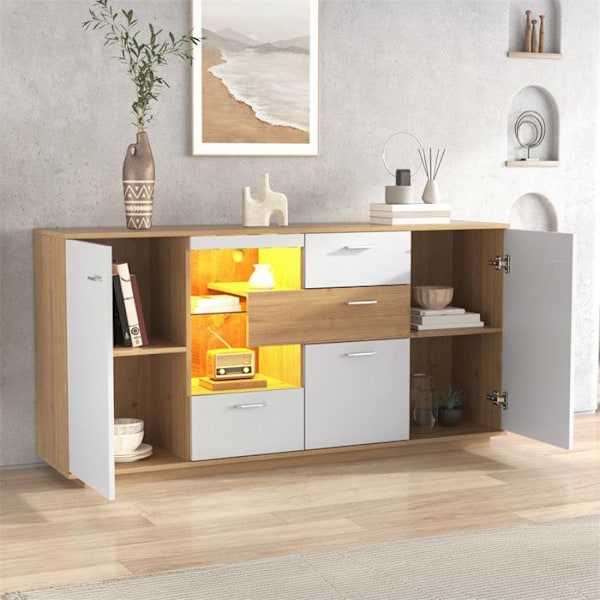 Buffé Bas - Modern - 160x40x77cm - 2 Dörrar - 4 Lådor - LED-Belysning Vit