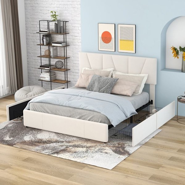 Säng för vuxna med 4 lådor - 140x200cm - Justerbar huvudgavel - Lamellbotten - Massivt trä - Beige Beige