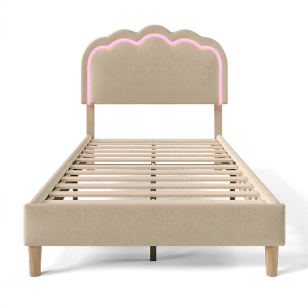 Madrass 90 x 200 cm, enkelsäng LED, sängram med ribbotten och justerbar sänggavel, linne, beige Beige