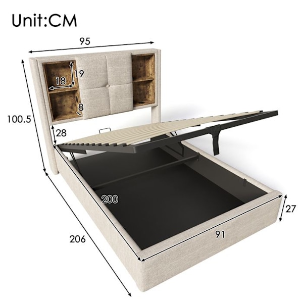 Lit med stoppad bädd 90x200 cm - med USB-portar och trådlös laddning och förvaringshuvud - linne tyg - beige Beige