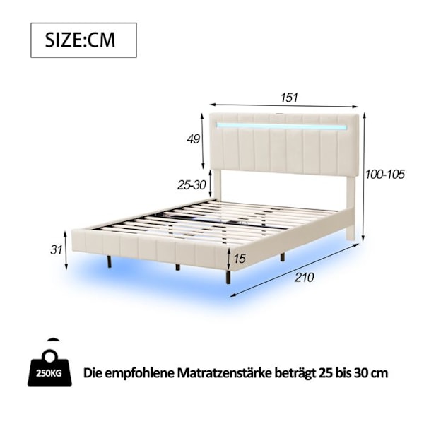 Plattängd med stoppning för vuxna 140 x 200 cm med LED-ljusslinga - Justerbar sänggavel - Linneväv - Beige Beige